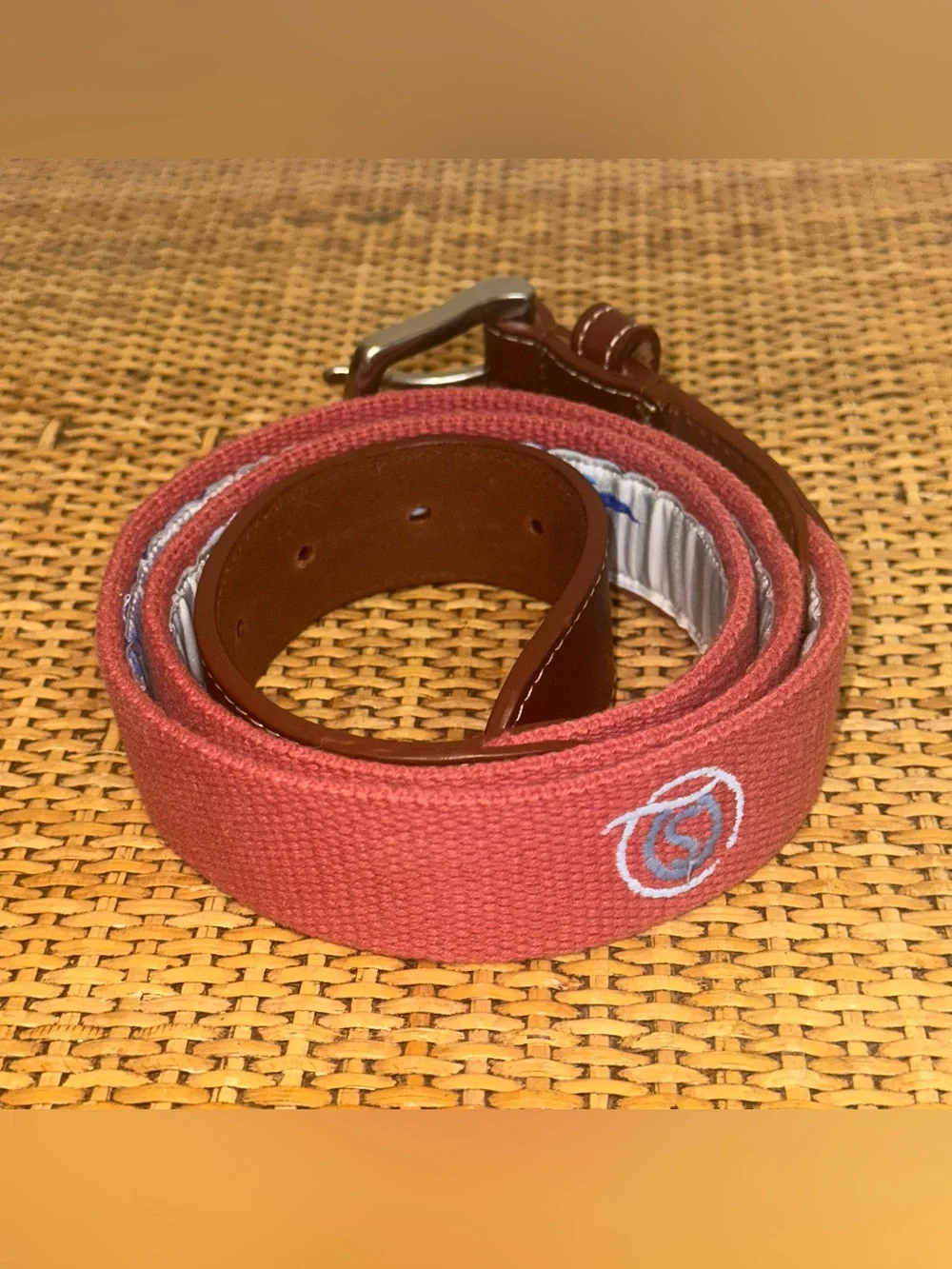 REEL POINT SHELTER ISLAND Embroidered Golf Belt Mens Size 38 Leather Preppy Pink